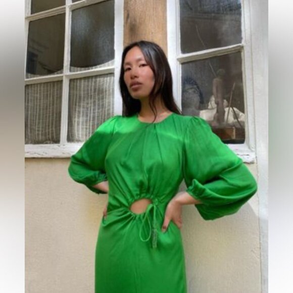FARM RIO Anthropologie green long sleeve maxi midi satin dress circle cut out - Picture 6 of 10